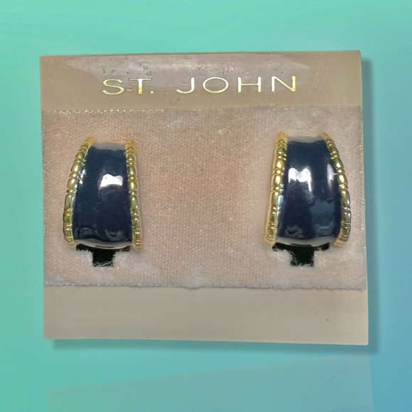 Vintage St John Half Hoop Logo Clip on Earrings Gold and Navy Enamel NOS clip-on - Picture 1 of 6